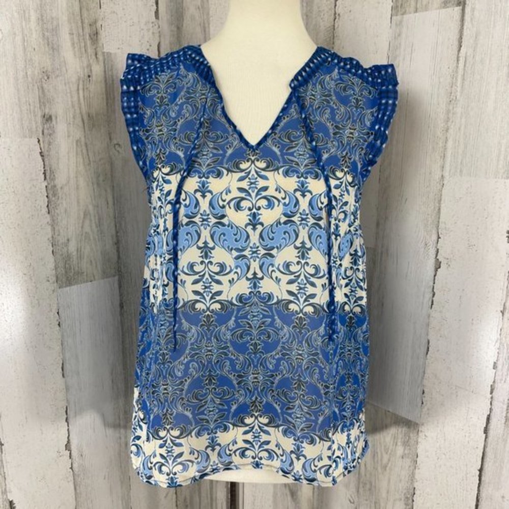 Elle Women's Blue Paisley Print Semi Sheer Sleeveless Shirt Top Blouse Size M